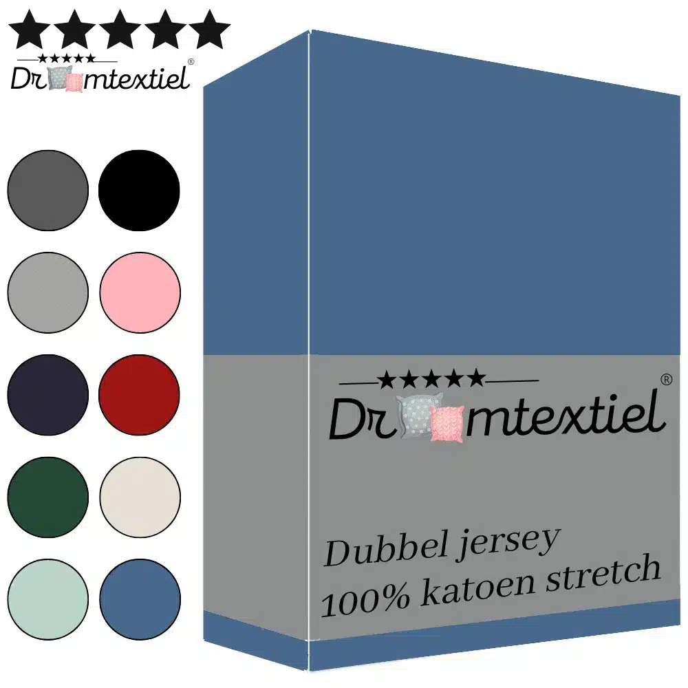 Droomtextiel Dubbel Jersey Hoeslaken Blauw Lits-Jumeaux 200x220 cm - 100% Katoen - Hoge Hoek - Heerlijk Zacht - Strijkvrij - Rondom elastiek - Stretch - Dubbel Dikke Kwaliteit