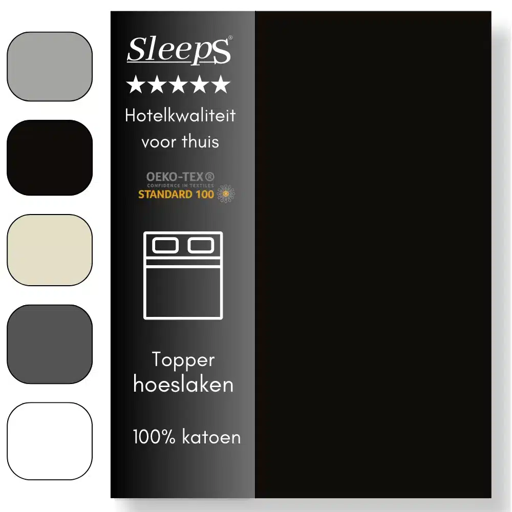 Sleeps Zacht Katoenen Topper Hoeslaken Zwart 140x200 cm - Glad Katoen - Perfecte Pasvorm - Heerlijk Zacht