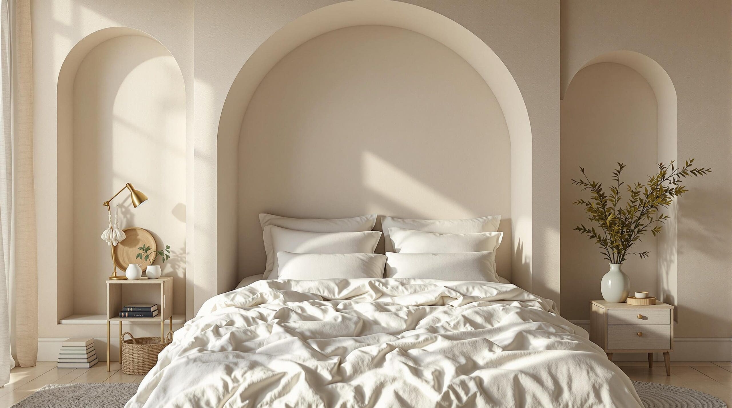 Een serene slaapkamer badend in het gouden ochtendlicht, met wit gewassen katoen, linnen en zachte pastelaccenten.