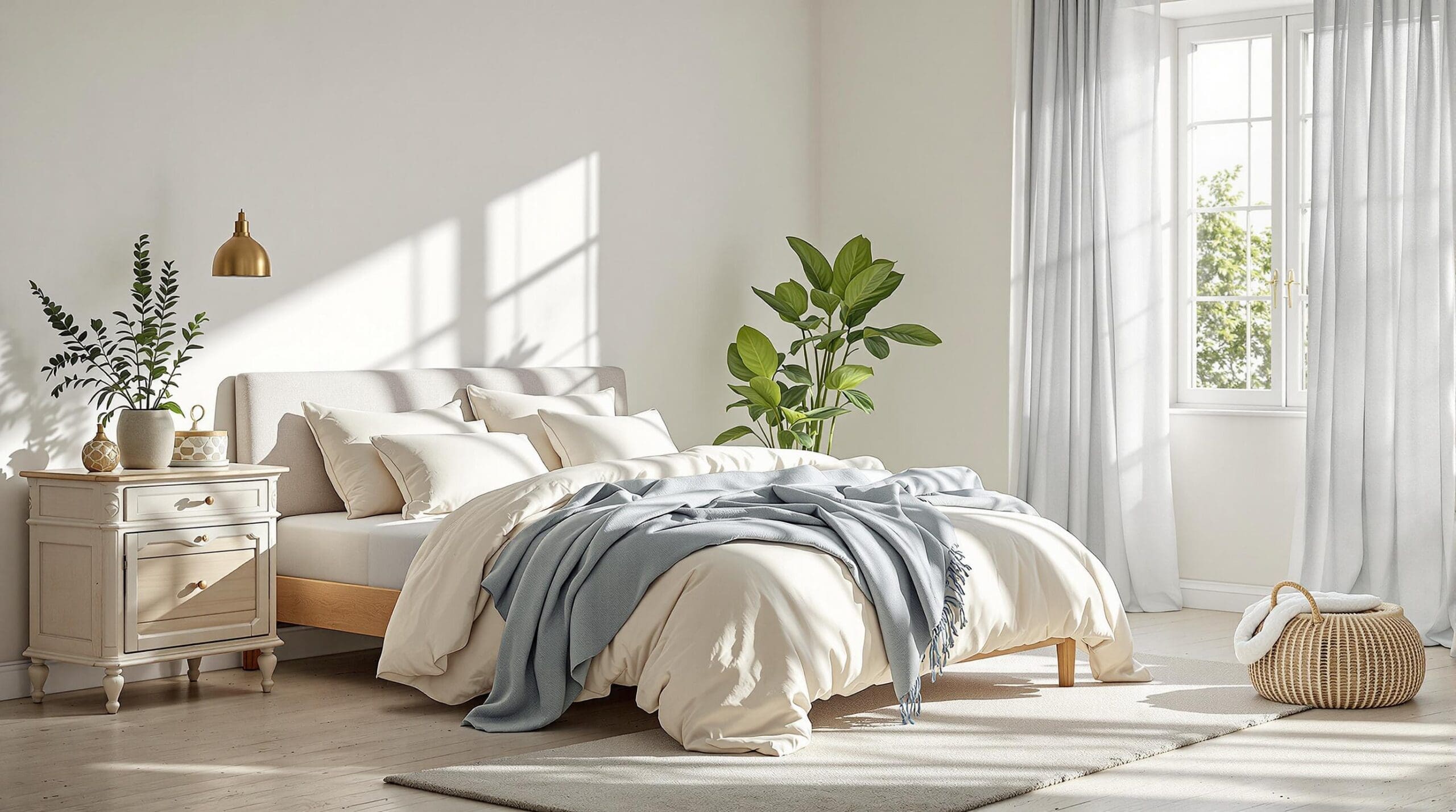 Een serene slaapkamer met natuurlijk licht, biologisch katoenen lakens en een vintage nachtkastje met sansevieria plant