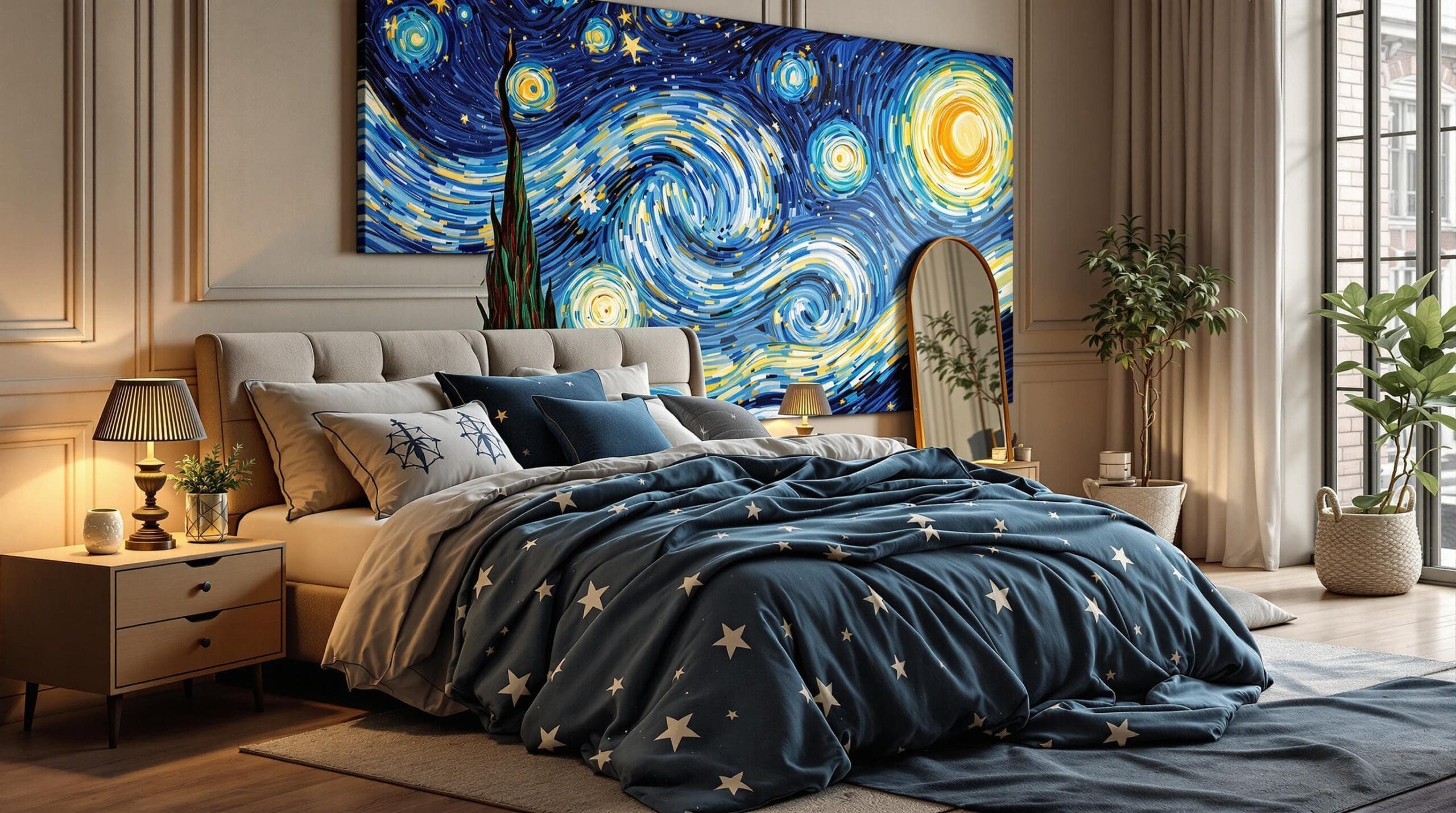 Een serene slaapkamer setting met een zacht verlichte atmosfeer, waar de maan door een elegant gordijn schijnt en een subtiele glans op het luxe dekbed valt. Het dekbed gemaakt van katoensatijn is bedrukt met de indrukwekkende, diepe nachtblauwe kleuren en herkenbare penseelstreken van Van Gogh’s 'Sterrennacht', met een sprankeling van goud en de oplichtende zonnebloem in de achtergrond. De muren zijn in een warme, neutrale tint geschilderd die de kunstwerken accentueert, terwijl een paar zorgvuldig gekozen, effen kussens in complementaire kleuren de ruimte harmoniseren. Rijke texturen van een houten nachtkastje en een zacht vloerkleed creëren een warme, uitnodigende sfeer. De afbeelding moet hyperrealistisch zijn, met een hoge resolutie en scherpte, waardoor elke nuance en detail van het beddengoed en de ruimte voelbaar is.