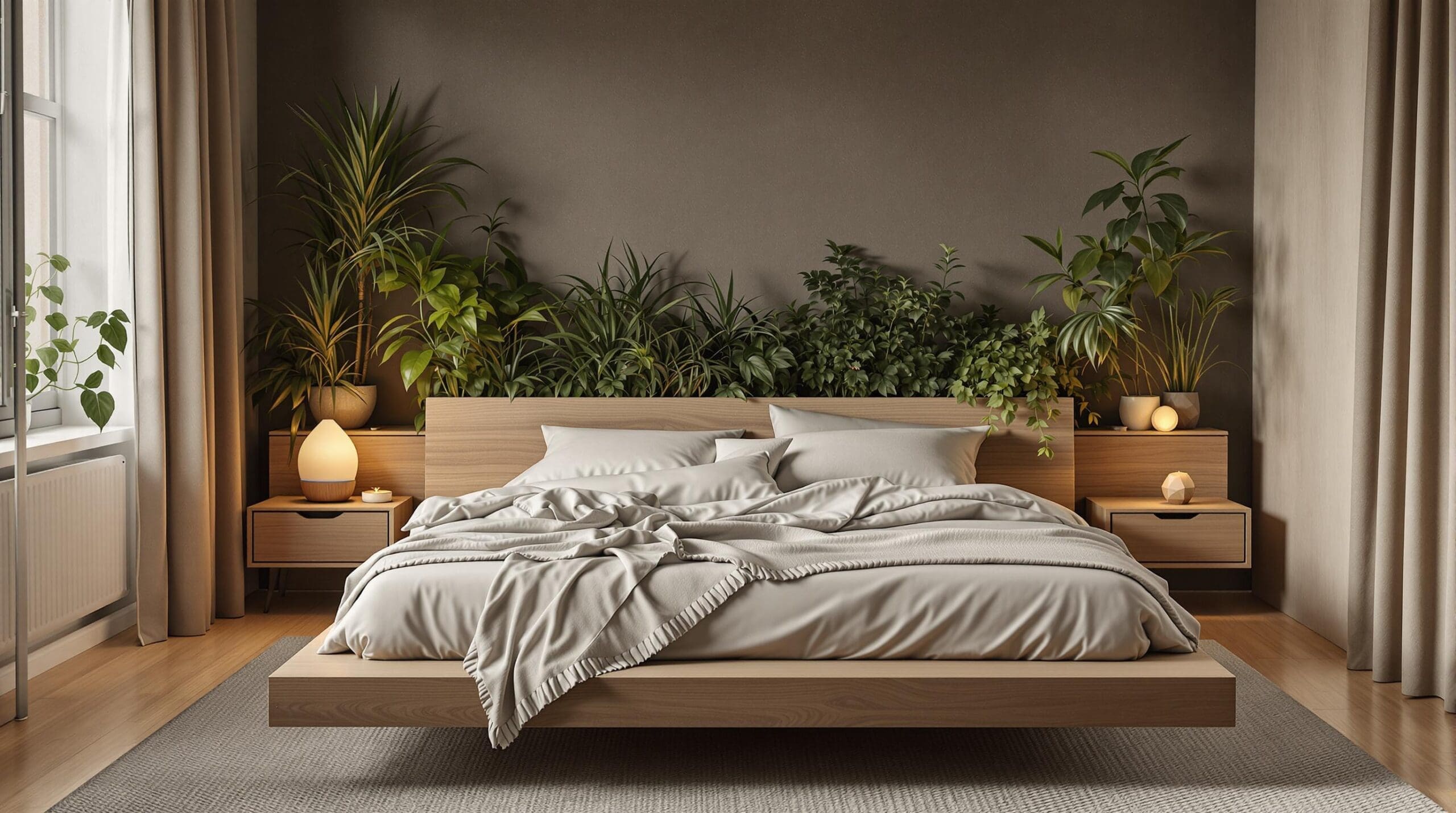 Een luxueuze slaapkamer in zachte schemering met biologisch katoen beddengoed, een houten nachtkastje, groene planten en warme LED-verlichting