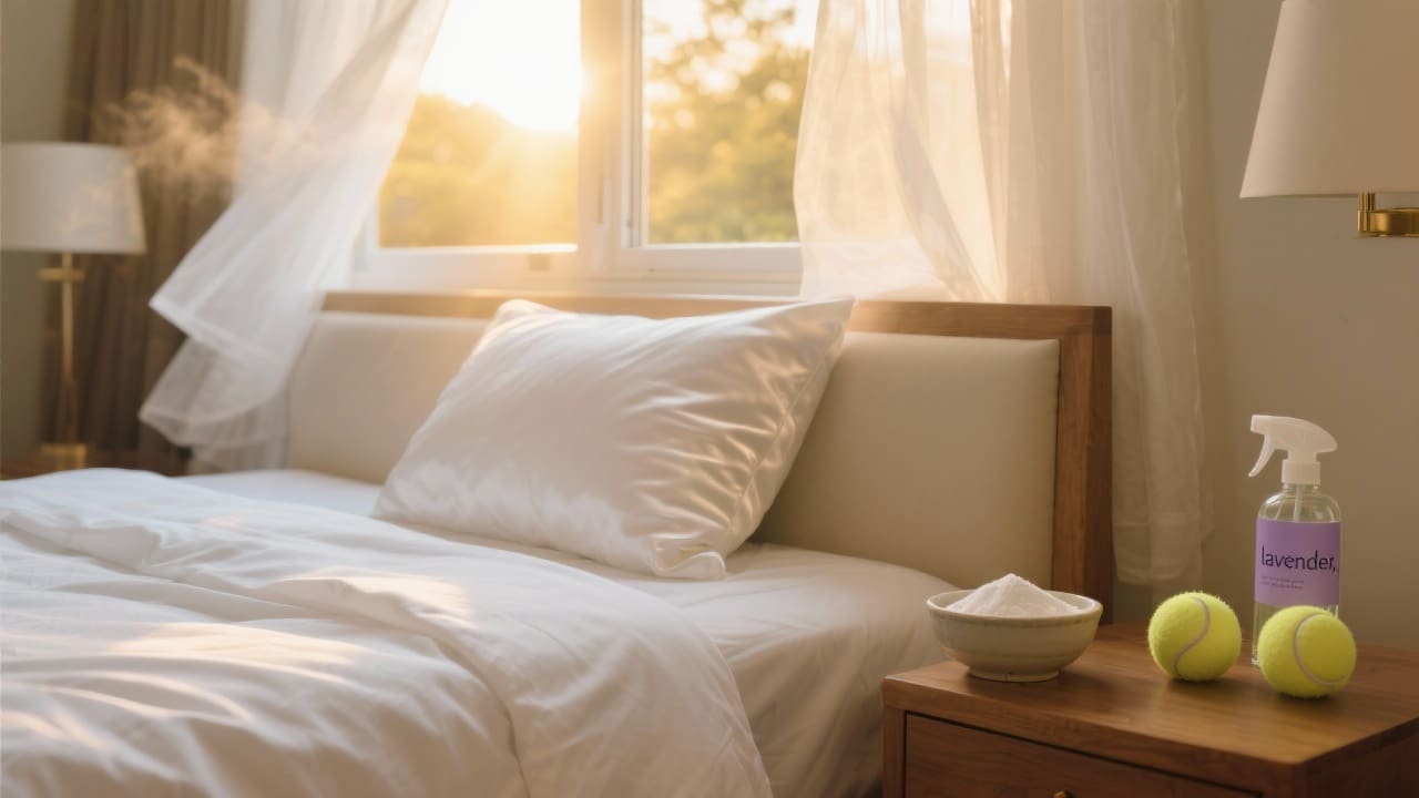 Ochtendlicht valt op een kraakhelder bed met percale lakens en satijnen kussensloop; op het nachtkastje staan schoonmaakproducten zoals baking soda, tennisballen en lavendelspray.