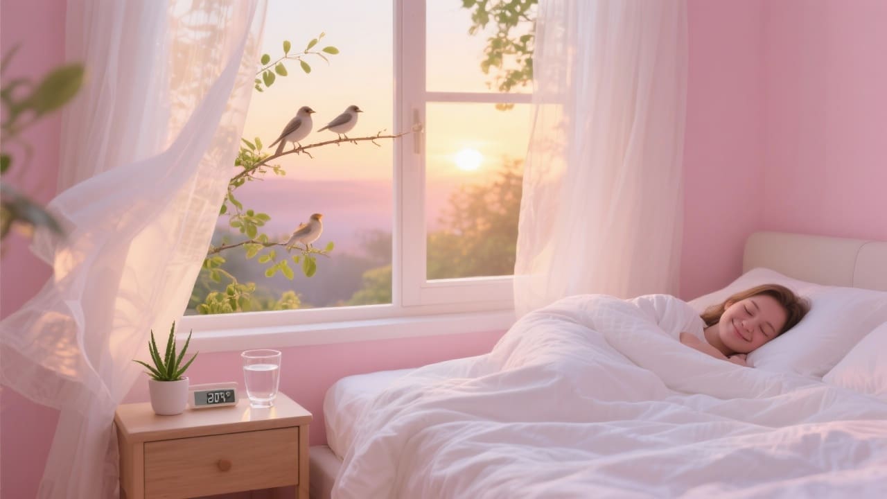 Serene pre-sunrise summer bedroom bathed in soft pink and golden dawn light, window slightly open with sheer white curtains billowing, peaceful sleeper half-awake in airy 4.5-tog duvet