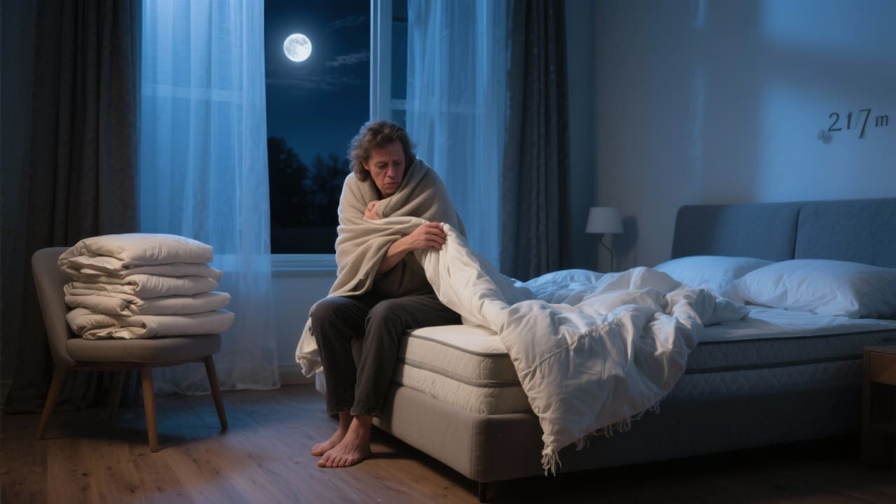 Tijdstip 02.17 uur: volwassen persoon zit rechtop in bed en worstelt met te klein dekbedovertrek, luxe dekbedovertrekken in zachte tinten op achtergrondstoel - rust en frustratie in modern slaapkamerinterieur, belicht door maanlicht