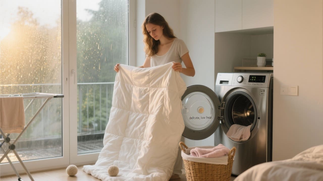 Vrouw keert een katoen-satijnen dekbedovertrek binnenstebuiten op een regenachtige middag, met een open droger op delicate stand op de achtergrond
