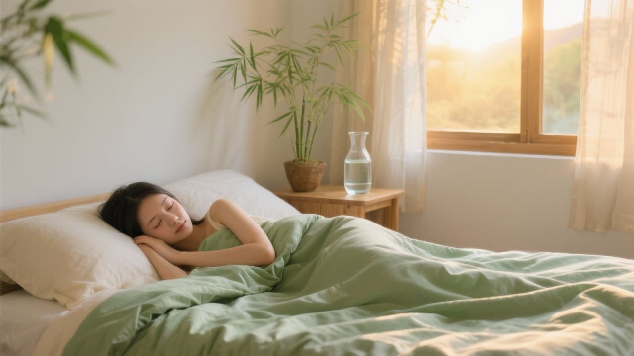 Vrouw slaapt vredig onder een lichtgewicht bamboe dekbed in een serene minimalistische slaapkamer met open raam en zachte ochtendzon
