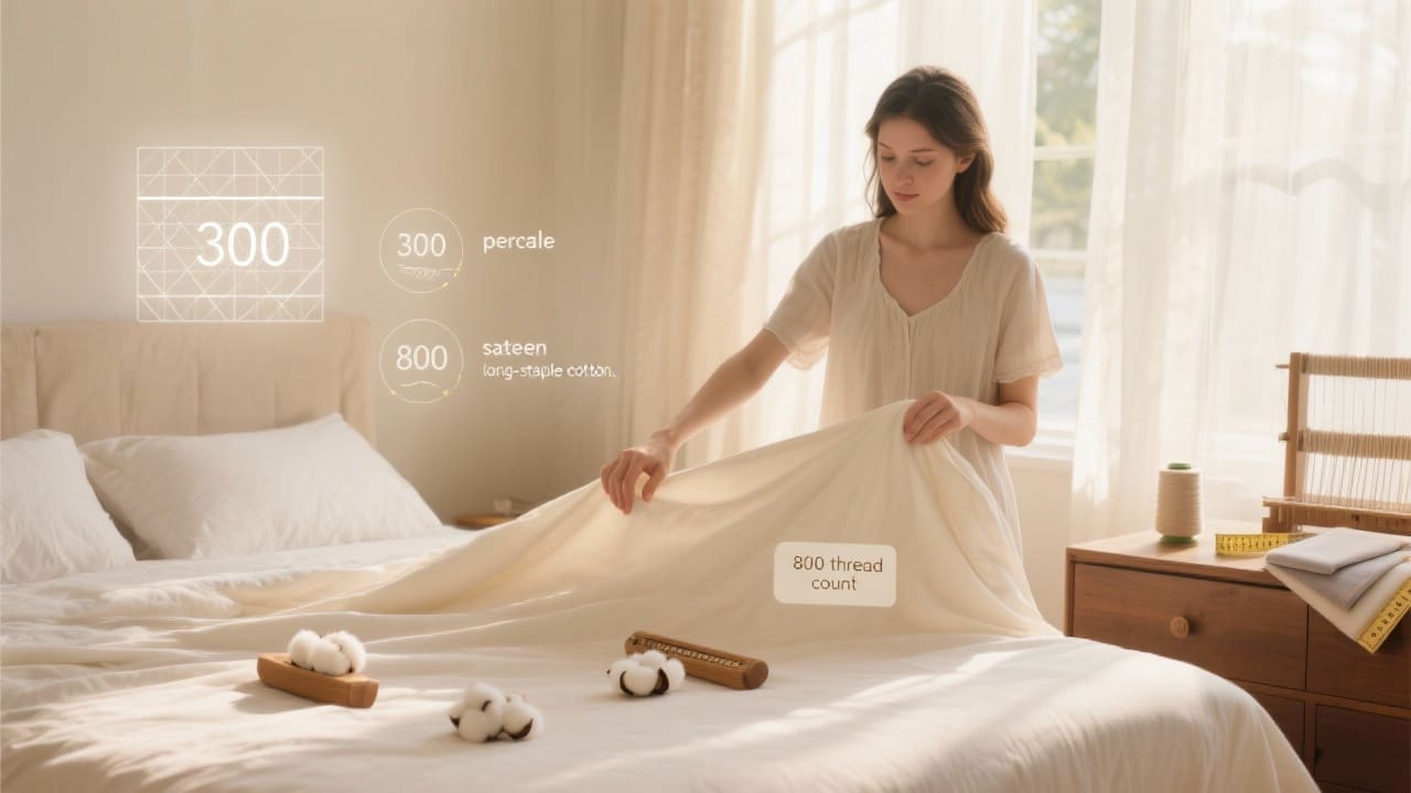 Vrouw staat naast haar opgemaakte bed in ochtendlicht, streelt een nieuw katoenen laken met 800 thread count label. Infographics illustreren draadsoorten, katoenvezels en weeftechnieken.